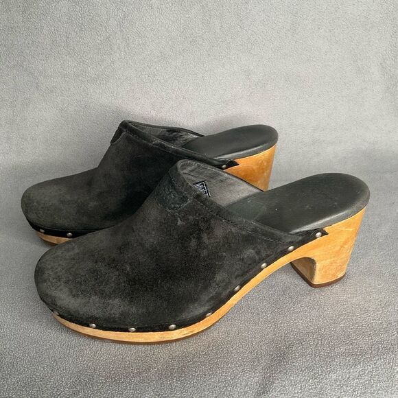 UGG Australia Womens Black Suede Leather Abbie Studded Wooden Clog Mules Size 7 - Picture 4 of 12